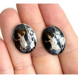 Siam Sterling Dancing Angel Oval Nielloware Enamel Vintage Black Round Cufflinks